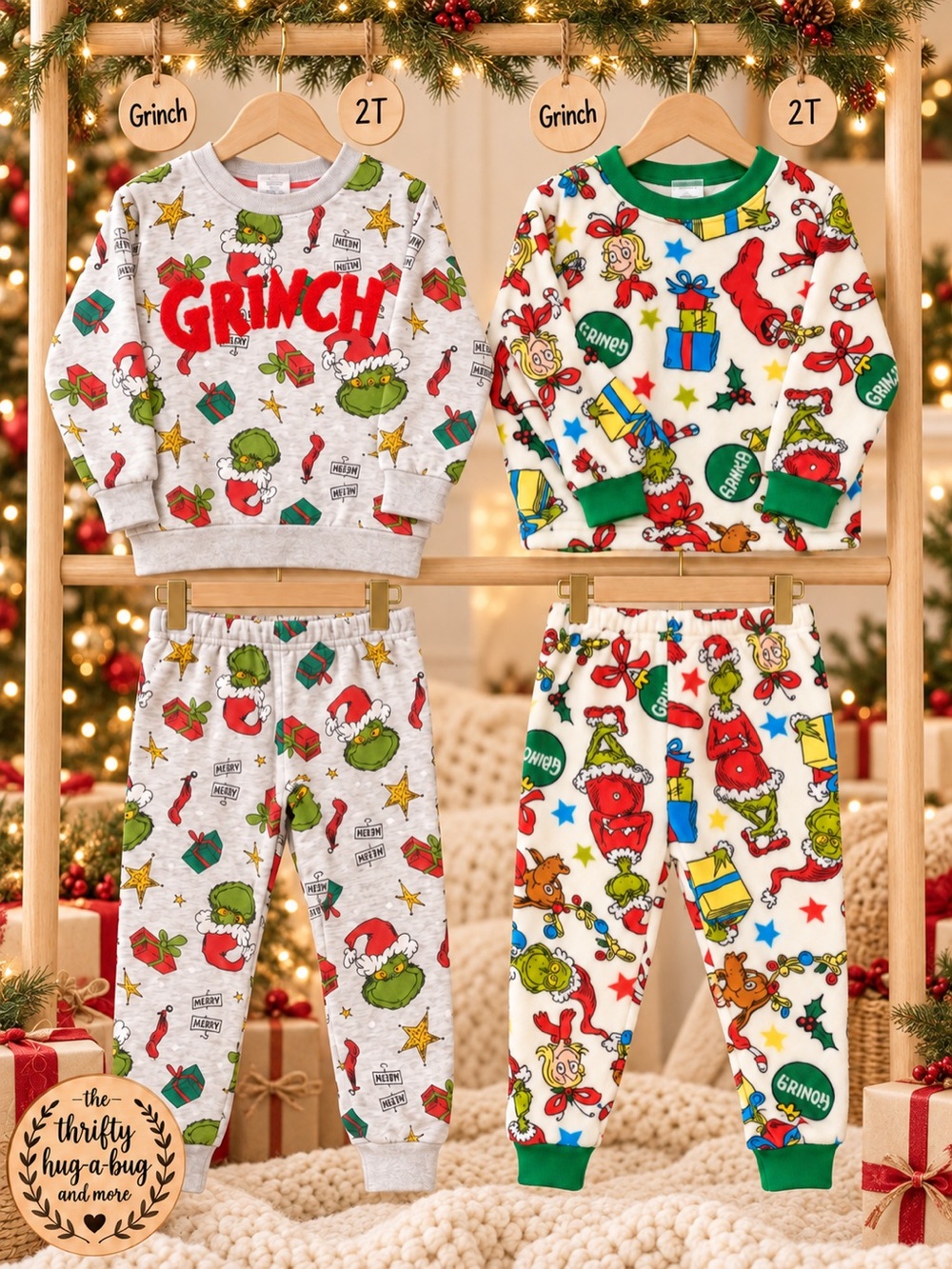 Grinch Christmas Pajama Bundle Toddler 2T 2 Matching Sets 4 Pieces Holiday